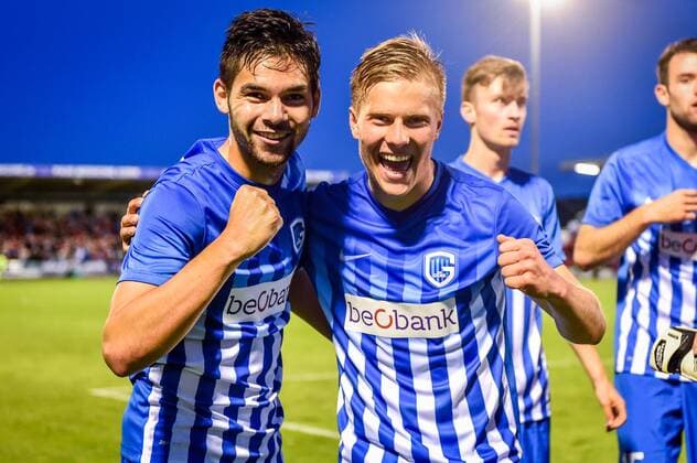 Genk s Sandy Walsh and Genk s Jere Uronen celebrate after winning a soccer game between Ireland s Cork City F.C. and Belgium s KRC Genk, in Cork, Ireland, Thursday 04 August 2016, the return leg of the third qualifying round in the Europa League competition. The first leg ended in a 1-0 Genk victory. LUCxCLAESSEN  x04903682x