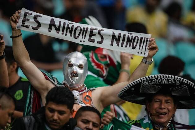Mexico fans cheer on their team during an Olympic Games Olympische Spiele Olympia OS Rio 2016 men s first round Group C match between Mexico and Germany at Fonte Nova Arena in Salvador, Brazil, 4 August 2016. MEXICO VS GERMANY !ACHTUNG: NUR REDAKTIONELLE NUTZUNG!  BRA025 20160804-636059490036570571