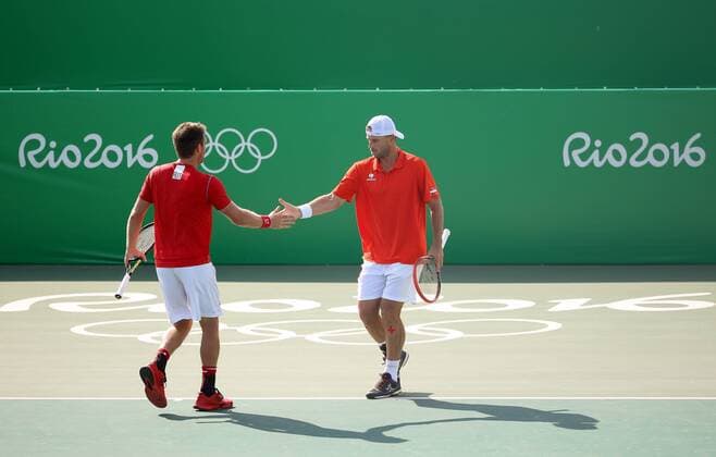 OLYMPICS - Olympic Summer Games 2016 RIO DE JANEIRO,BRAZIL,06.AUG.16 - OLYMPICS, TENNIS - Olympic Summer Games Rio 2016, doubles, men. Image shows the rejoicing of Alexander Peya and Oliver Marach (AUT). GEPAxpictures xChristianxWalgram