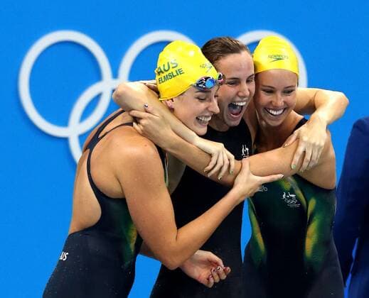 PARIS 2024, OLYMPIC LEGENDS: Emma McKeon August 6, 2016 - Rio de Janeiro, RJ, Brazil - Emma McKeon, Brittany Elmslie, Bronte Campbell and Cate Campbell(names not in order and 4th swimmer still in the water) react as they realize they will set the World Record in the Women s 4x100m Freestyle Relay during the 2016 Rio Summer Olympics. The Australians, leading off with Emma McKeon and Brittany Elmslie swimming the second leg, clocked three minutes, 30.65 seconds, beating the old mark of 3:30.98 they set in Glasgow in 2014. The United States took silver and Canada bronze. RIO 2016 - Swimming: Men s. - ZUMAa35_