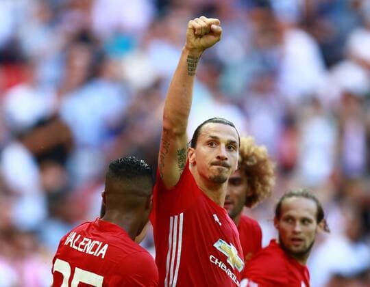 FA Community Shield - Leicester City v Manchester United ManU . . London, UK . . 07.08.2016 Zlatan Ibrahimovic (MU) celebrates scoring a goal for Manchester United. 1-2 