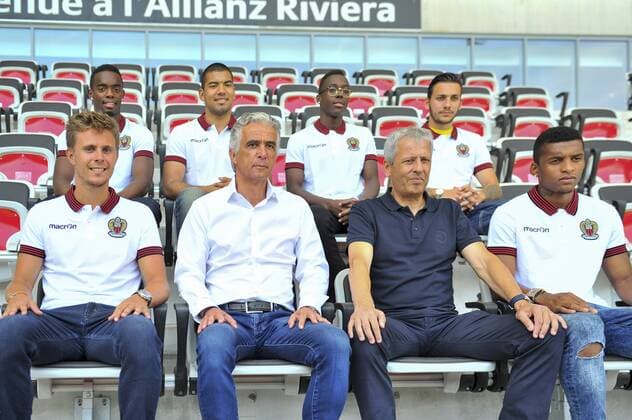 Fußball, OGC Nizza präsentiert Neuzugänge Jean Pierre Rivere - Lucien Favre et die Sechs neuen Neuzugang Präsentation - Walter Benitez - Arnaud Lusamba - Wylan Cyprien - Arnaud Souquet - Dalbert Henrique - Anastasios Donis FOOTBALL : Neuzugang Präsentation OGC Nice - Ligue 1 - 09 08 2016 NorbertScanella Panoramic 