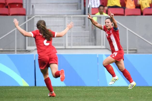 Rio 2016, Fußball, Damen, Deutschland - Kanada 160809 Kanada s Melissa Tancredi Jubel nach dem 1-1 - Deutschland - Kanada Fussball Damen Frauenfussball Länderspiel den 9 august 2016 OS in Brasilia RIO 2016.  Copyright: CARLxSANDIN BB160809CS006