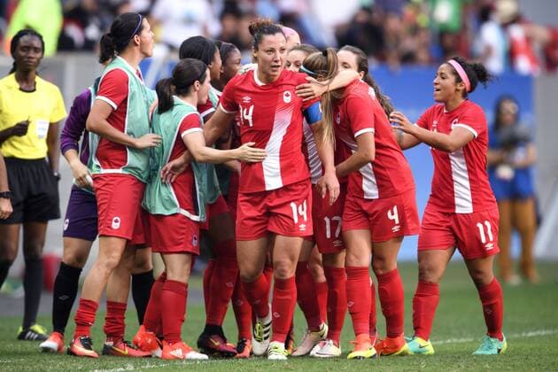 Rio 2016, Fußball, Damen, Deutschland - Kanada 160809 Kanada s Melissa Tancredi Jubel nach dem 1-1 - Deutschland - Kanada Fussball Damen Frauenfussball Länderspiel den 9 august 2016 OS in Brasilia RIO 2016.  Copyright: CARLxSANDIN BB160809CS010