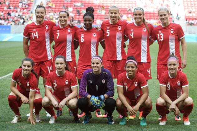 160809 Kanada - Fußball, Deutschland vs Kanada Nationalteam 9. August 2016 OS i Brasilia. Melissa Tancredi, Rhian Wilkinson, Deanne Rose, Rebecca Quinn, Shelina Zadorsky, Sophie Schmidt. Jessie Fleming, Allysha Chapman, Stephanie Labbe, Desiree Scott und Josee Belanger.  Copyright: CARLxSANDIN BB160809CS052