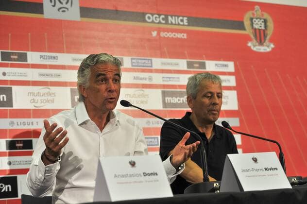 Jean Pierre Rivere (president) - Lucien Favre (coach) FOOTBALL : press conference OGC Nice - 09 08 2016 Panoramic NorbertScanella 