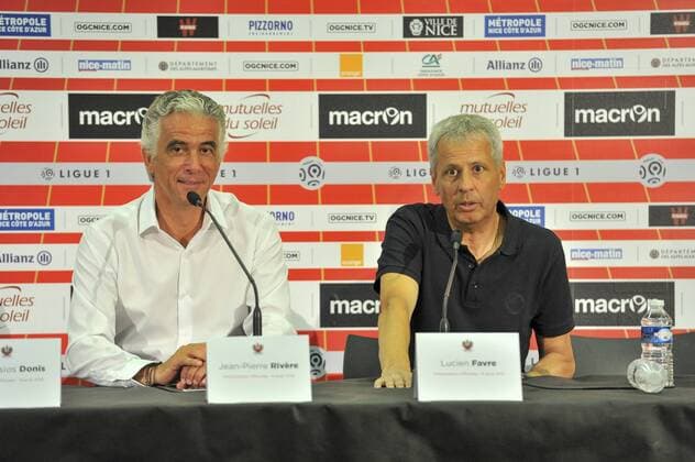 Jean Pierre Rivere (president) - Lucien Favre (coach) FOOTBALL : press conference OGC Nice - 09 08 2016 Panoramic NorbertScanella 