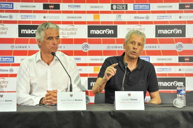 Jean Pierre Rivere (president) - Lucien Favre (coach) FOOTBALL : press conference OGC Nice - 09 08 2016 Panoramic NorbertScanella 