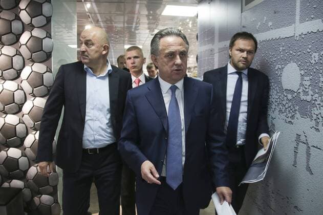 MOSCOW, RUSSIA â€“ AUGUST 11, 2016: Russia s Minister and Russian Football Union President Vitaly Mutko (C) and Stanislav Cherchesov, newly appointed head coach of the Russian men s national football team, after a meeting of the Executive Committee of the Russian Football Union. Mikhail Metzel TASS  TS02CA83