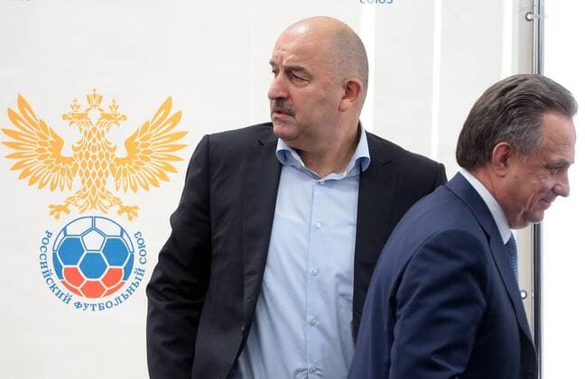 MOSCOW, RUSSIA â€“ AUGUST 11, 2016: Russia s Minister and Russian Football Union President Vitaly Mutko (R) and Stanislav Cherchesov, newly appointed head coach of the Russian men s national football team, after a meeting of the Executive Committee of the Russian Football Union. Mikhail Metzel TASS  TS02CA85