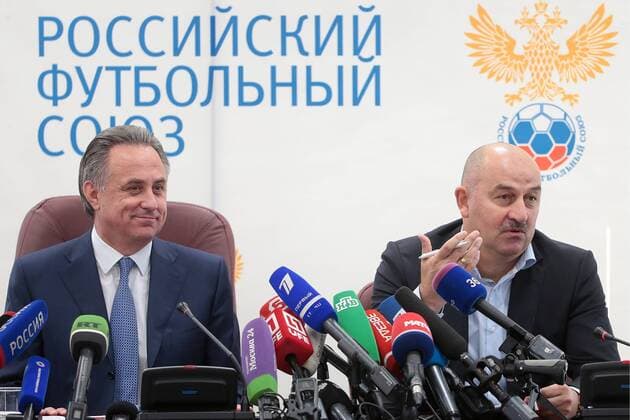 MOSCOW, RUSSIA â€“ AUGUST 11, 2016: Russia s Minister and Russian Football Union President Vitaly Mutko (L) and Stanislav Cherchesov, newly appointed head coach of the Russian men s national football team, give a news conference following a meeting of the Executive Committee of the Russian Football Union. Mikhail Metzel TASS  TS02CA8D