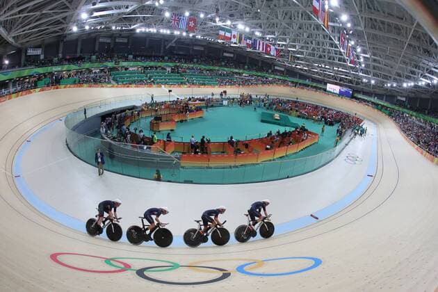 Equipe Grande Bretagne GBR ARCHIBALD Katie - TROTT Laura - BARKER Elinor - ROWSELL SHAND Joanna Poursuite Equipe Dame JO 2016 - Rio - 11 08 2016 Panoramic Pitch 