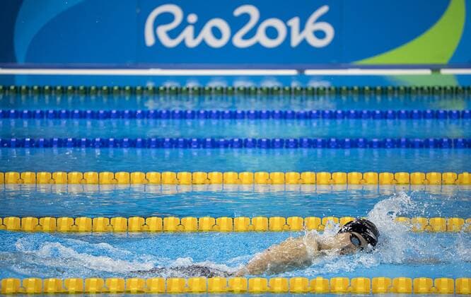 August 12, 2016 - Rio de Janeiro, RJ, Brazil - OLYMPICS SWIMMING: Katie Ledecky (USA) swims far ahead of the field as she wins a gold in Women s 800m Freestyle finals at Olympics Aquatics Stadium during the 2016 Rio Summer Olympics games. RIO 2016 - Swimming: Men s - ZUMAj89_