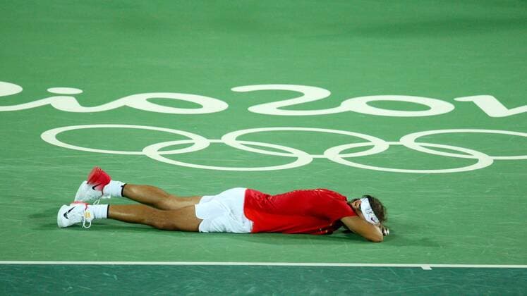 Aug 12, 2016 - Rio de Janeiro, Brazil - RAFAEL NADAL of Spain react to winning gold in Men s Doubles Tennis competition at the 2016 Rio Summer Olympic Games Olympische Spiele Olympia OS RIO 2016 - Tennis: Men s - ZUMAg209