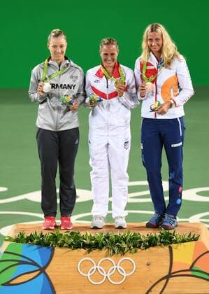 (160813) -- RIO DE JANEIRO, Aug. 13, 2016 -- Gold medalist Puerto Rico s Monica Puig (C), silver medalist Germany s Angelique Kerber (L), bronze medalist Czech Republic s Petra Kvitova attend the awarding ceremony for the women s singles final of Tennis at the 2016 Rio Olympic Games Olympische Spiele Olympia OS in Rio de Janeiro, Brazil, on Aug. 13, 2016. ) (xr) (SP)BRAZIL-RIO DE JANEIRO-OLYMPICS-TENNIS ChengxMin 