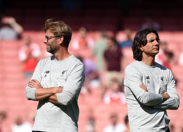 14.08.2016, xhbx, Fussball Barclays Premier League, FC Arsenal London - FC Liverpoolf, emspor v.l. Trainer Juergen Klopp (Liverpool FC), Co-Trainer Zeljko Buvac (Liverpool FC) London