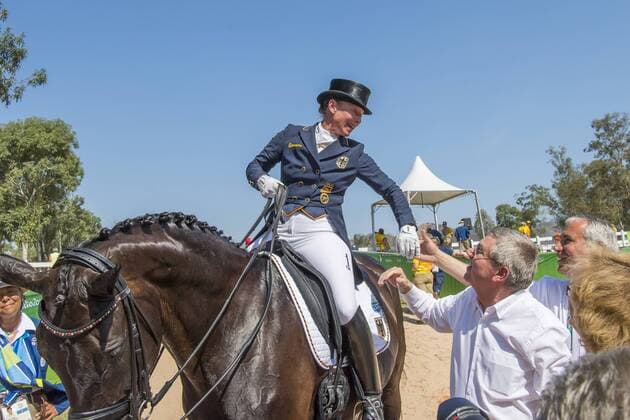 BRA, Olympia 2016 Rio, Reitsport , Dressur EInzel Grand Prix Kuer 15.08.2016, Olympic Equestrian Centre, Rio de Janeiro, BRA, Olympia 2016 Rio, Reitsport , Dressur EInzel Grand Prix Kuer, im Bild Isabell Werth (GER) auf Weihegold Old mit Thomas Bach (GER) Foto © nordphoto Straubmeier nordphotox xStraubmeier