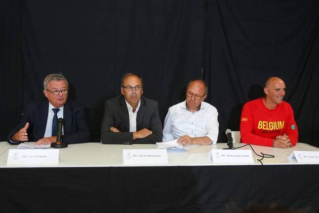 Luc Vandaele, Dirk De De Maeseneer, Oostende Mayor Johan Vande Lanotte and Davis Cup captain Johan Van Herck pictured during a press conference PK Pressekonferenz ahead of the Davis Cup World Group play-off between Belgium and Brazil, Tuesday 16 August 2016, in Oostende. This Davis Cup game will be played from 16 to 18 September 2016 in Oostende Sleuyter Arena BRUNOxFAHY  x04912364x