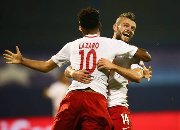 SOCCER - UEFA CL quali, Zagreb vs RBS ZAGREB,CROATIA,16.AUG.16 - SOCCER - UEFA Champions League, Play-off qualification, GNK Dinamo Zagreb vs Red Bull Salzburg. Image shows the rejoicing of Valentino Lazaro and Valon Berisha (RBS). GEPAxpictures xFelixxRoittner
