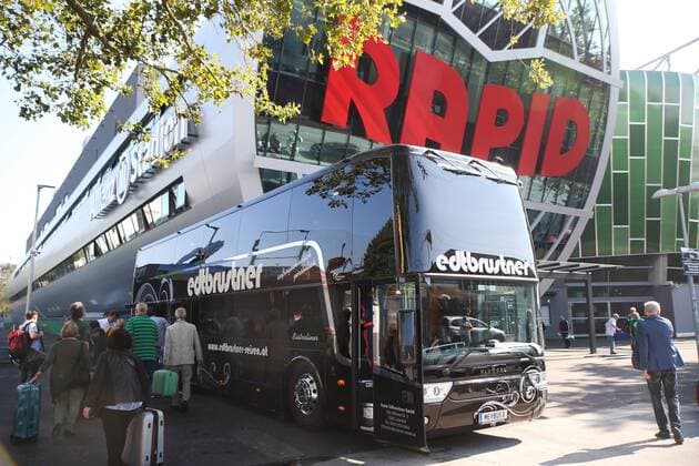 SOCCER - UEFA EL quali, Trencin vs Rapid VIENNA,AUSTRIA,17.AUG.16 - SOCCER - UEFA Europa League, Play-off qualification, FK AS Trencin vs SK Rapid Wien, preview, departure of Rapid. Image shows the bus and guests in front of the Allianz stadium. Keywords: Wien Energie. GEPAxpictures xPhilippxBrem