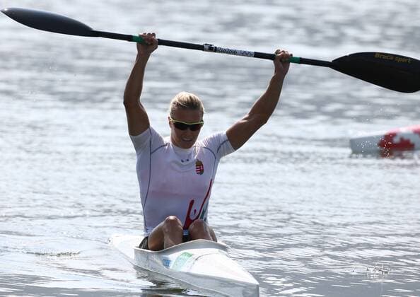 RIO DE JANEIRO, BRAZIL - AUGUST 18, 2016: Hungary s Danuta Kozak celebrates as she wins gold in the women s kayak single 500m final at the 2016 Summer Olympic Games Olympische Spiele Olympia OS at Lagoa Stadium. Stanislav Krasilnikov TASS  TS02DA56