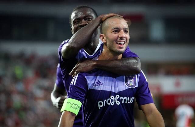 Anderlecht s Sofiane Hanni celebrates after scoring the 3-0 goal during the first leg match of the playoff round between Belgian first league soccer team RSC Anderlecht and Czech team Slavia Prague in the Europa League competition, on Thursday 18 August 2016, in Prague, Czech Republic. VIRGINIExLEFOUR  x04913840x