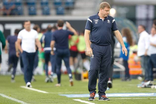 Gent s head coach Hein Vanhaezebrouck looks dejected during the first leg match of the playoff round between Belgian first league soccer team KAA Gent and Macedonia s first league soccer team Shkendija in the Europa League competition, on Thursday 18 August 2016, in Gent. BRUNOxFAHY  x04913870x