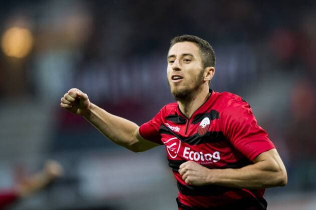 Shkendija s Besart Ibraimi celebrates after scoring during the first leg match of the playoff round between Belgian first league soccer team KAA Gent and Macedonia s first league soccer team Shkendija in the Europa League competition, on Thursday 18 August 2016, in Gent. JASPERxJACOBS  x04913884x