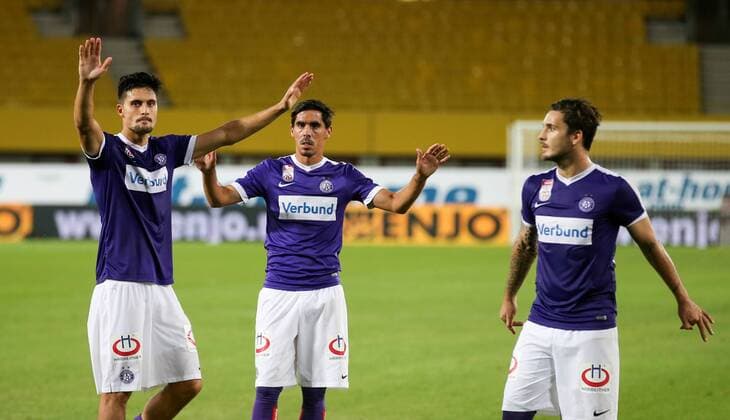 SOCCER - UEFA EL quali, A.Wien vs Rosenborg VIENNA,AUSTRIA,18.AUG.16 - SOCCER - UEFA Europa League, Play-off qualification, FK Austria Wien vs BK Rosenborg Trondheim. Image shows the rejoicing of Tarkan Serbest (A.Wien), David De Paula Gallardo (A.Wien) and Christoph Martschinko (A.Wien). GEPAxpictures xPatrickxLeuk