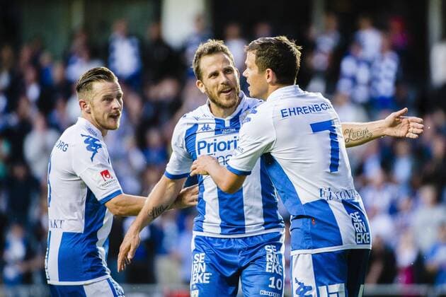 160818 IFK Göteborgs Scott Jamieson Tobias Hysen jubelt 1-0 Mads Albeck FOOTBALL Europa League IFK Göteborg vs FK Qarabag Agdam 18 august 2016 i Göteborg.  Copyright: MATHIASxBERGELD BB160818BB326