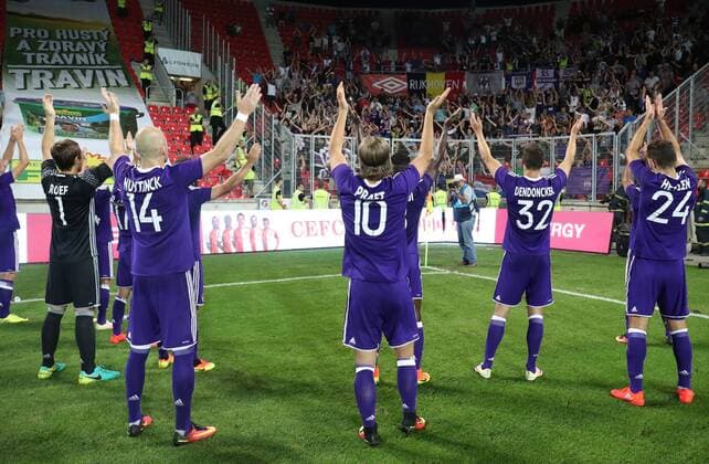 Anderlecht s Dennis Praet celebrates after winning the first leg match of the playoff round between Belgian first league soccer team RSC Anderlecht and Czech team Slavia Prague in the Europa League competition, on Thursday 18 August 2016, in Prague, Czech Republic. VIRGINIExLEFOUR  x04913948x