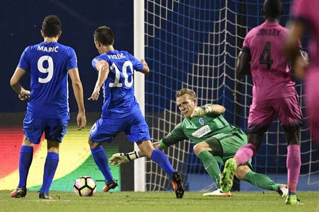 Lokomotivo s Ivan Fiolic scoring the 2-2 goal during the first leg match of the playoff round between Croatian team Lokomotiva Zagreb and Belgian first league soccer team KRC Genk in the Europa League competition, on Thursday 18 August 2016, in Zagreb, Croatia. YORICKxJANSENS  x04913995x