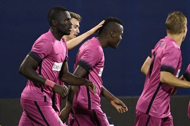 Genk s Mwbana Ally Samatta celebrates after scoring during the first leg match of the playoff round between Croatian team Lokomotiva Zagreb and Belgian first league soccer team KRC Genk in the Europa League competition, on Thursday 18 August 2016, in Zagreb, Croatia. YORICKxJANSENS  x04913967x
