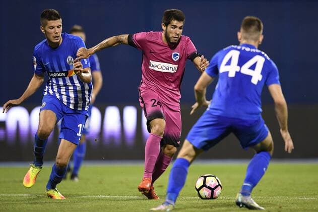 Lokomotivo s Dino Peric, Genk s Alejandro Pozuelo and Lokomotivo s Ante Majstorovic fight for the ball during the first leg match of the playoff round between Croatian team Lokomotiva Zagreb and Belgian first league soccer team KRC Genk in the Europa League competition, on Thursday 18 August 2016, in Zagreb, Croatia. YORICKxJANSENS  x04914028x