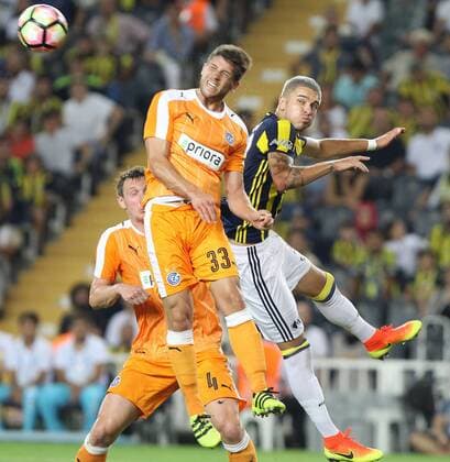 UEFA Europa league Playoff first leg match between Fenerbahce and Grasshoppers at Ulker Stadium in Istanbul on August 18 , 2016. Pictured: Roman Neustadter (R) of Fenerbahce and Benjamin Luthi 33 of Grasshoppers. Not available for publication in Turkey. 