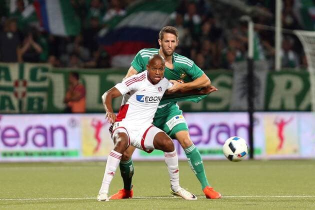RANGELO JANGA TRENCIN CHRISTOPH SCHOSSWENDTER RAPID - ZILINA 18.08.2016 SPORT FOOTBALL SEASON 2016 17 UEFA EUROPA LEAGUE FOURTH ROUND QUALIFICATION AS TRENCIN - RAPID WIEN - --- Newspix.pl  160818CHW037
