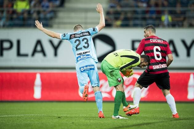 Gent s Lasse Nielsen, Shkendija s Kostadin Zahov and Shkendija s Ardian Cuculi fight for the ball during the first leg match of the playoff round between Belgian first league soccer team KAA Gent and Macedonia s first league soccer team Shkendija in the Europa League competition, on Thursday 18 August 2016, in Gent. JASPERxJACOBS  x04914083x
