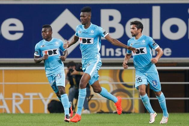 Gent s Kalika Coulibaly celebrates after scoring during the first leg match of the playoff round between Belgian first league soccer team KAA Gent and Macedonia s first league soccer team Shkendija in the Europa League competition, on Thursday 18 August 2016, in Gent. BRUNOxFAHY  x04914149x