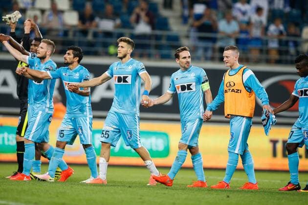 Gent s players celebrate after winning the first leg match of the playoff round between Belgian first league soccer team KAA Gent and Macedonia s first league soccer team Shkendija in the Europa League competition, on Thursday 18 August 2016, in Gent. BRUNOxFAHY  x04914183x