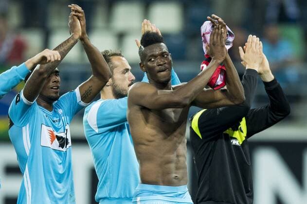 Gent s Renato Neto and Gent s Kalika Coulibaly celebrate after winning the first leg match of the playoff round between Belgian first league soccer team KAA Gent and Macedonia s first league soccer team Shkendija in the Europa League competition, on Thursday 18 August 2016, in Gent. JASPERxJACOBS  x04914191x