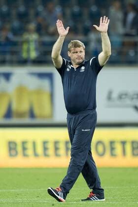 Gent s head coach Hein Vanhaezebrouck celebrate after winning the first leg match of the playoff round between Belgian first league soccer team KAA Gent and Macedonia s first league soccer team Shkendija in the Europa League competition, on Thursday 18 August 2016, in Gent. JASPERxJACOBS  x04914196x