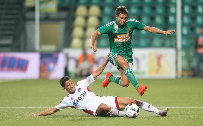SOCCER - UEFA EL quali, Trencin vs Rapid ZILINA,SLOVAKIA,18.AUG.16 - SOCCER - UEFA Europa League, Play-off qualification, FK AS Trencin vs SK Rapid Wien. Image shows Jakub Paur (Trencin) and Thomas Schrammel (Rapid). Keywords: Wien Energie. GEPAxpictures xPhilippxBrem