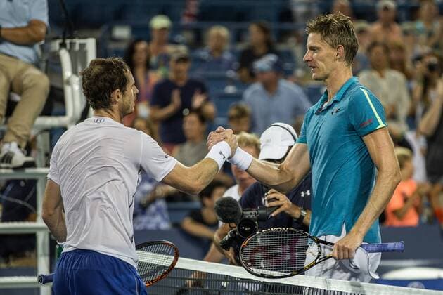 August 18, 2016 - Mason, Ohio, USA - Kevin Anderson (RSA) congratulates Andy Murray (GBR) on his 600th career win at Thursday s quarterfinal round of the Western and Southern Open at the Lindner Family Tennis Center, Mason, Oh. Tennis 2016 - Western And Southern Open - Day 6 - ZUMAs304