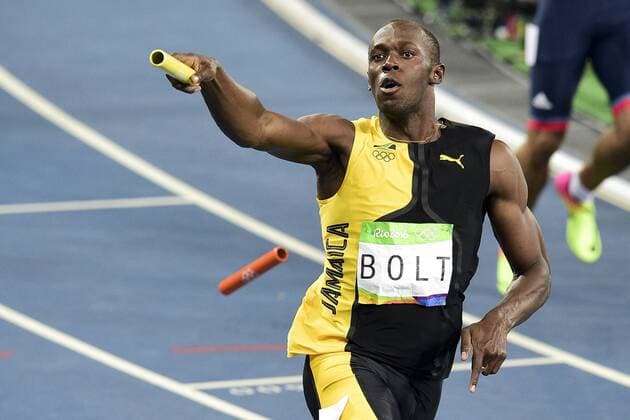 Rio 2016, Leichtathletik, Usain Bolt schafft Triple-Triple Joie d Usain Bolt (jam) a l arrivee de la Finale 4x100m ATHLETISME : JO 2016 RIO - 19 08 2016 JBAutissier Panoramic 