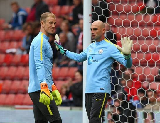 Joe Hart of Manchester City warms up with Wilfredo Caballero of Manchester City during the Premier League match at the Britannia Stadium, Stoke on Trent. Picture date: August 20th, 2016. Pic Simon Bellis Sportimage EDITORIAL USE ONLY. No use with unauthorised audio, video, data, fixture lists, club league logos or live services. Online in-match use limited to 120 images, no video emulation. No use in betting, games or single club league player publications.