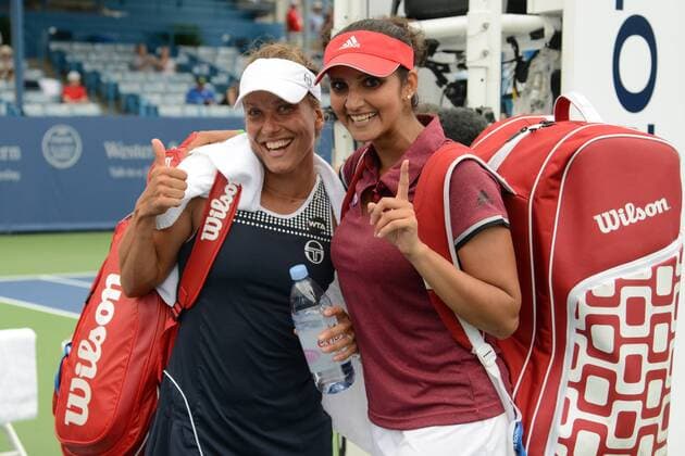 August 20, 2016 - Mason, Ohio, United States - BARBORA STRYCOVA of the Czech Republic and SANIA MIRZA of India pose for a photo after winning their doubles semifinal match vs. Chan Chan in the Western & Southern Tennis Tournament in Mason Ohio. Tennis 2016 - Western & Southern Open - Day 8 - ZUMAl132