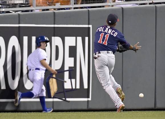 August 20, 2016 - Kansas City, MO, USA - Minnesota Twins shortstop Jorge Polanco couldn t reach an RBI double by Christian Colon that scored Alex Gordon in the seventh inning during Saturday s baseball game on Aug. 20, 2016 at Kauffman Stadium in Kansas City, Mo. The Royals won 10-0. Royals beat Twins 10-0 - ZUMAm67_