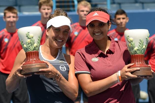 August 21, 2016 - Mason, Ohio, United States - SANIA MIRZA of India and BARBORA STRYCOVA of the Czech Republic with their trophies after winning the doubles final of the Western & Southern Tennis Tournament in Mason Ohio. Tennis 2016 - Western & Southern Open - Day 9 - ZUMAl132