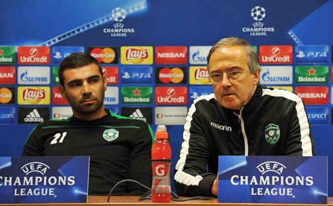 Vladislav Stoyanov of Ludogorets Razgrad, left, and coach Georgi Dermendzhiev attend a news conference prior to the 4th qualifying round of football Champions League return match FC Viktoria Pilsen vs PFC Ludogorets Razgrad in Pilsen, Czech Republic, August 22, 2016. (CTKxPhoto PavelxNemecek) CTKPhotoP201608220784301  nmc2
