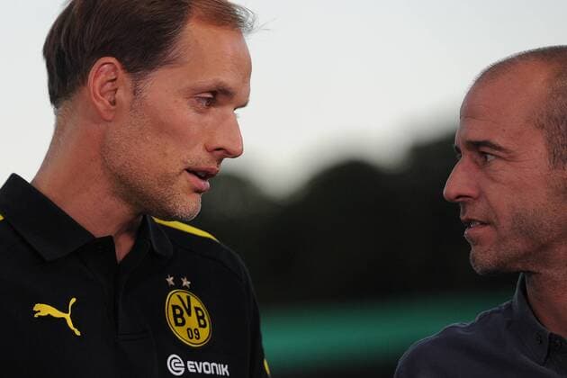 Thomas Tuchel, Chef-Trainer Borussia Dortmund, im Gespraech mit Mehmet Scholl-ARD Experte- im Spiel SV Eintracht Trier vs Borussia Dortmund, DFB Pokal, Fussball, 1. Hauptrunde, 22.08.16, Trier Copyright: xFranzx Eibner-Pressefotox EP_pfz